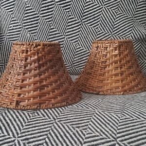 Vintage Small Woven Brown Rattan Lamp Shades – Set of 2